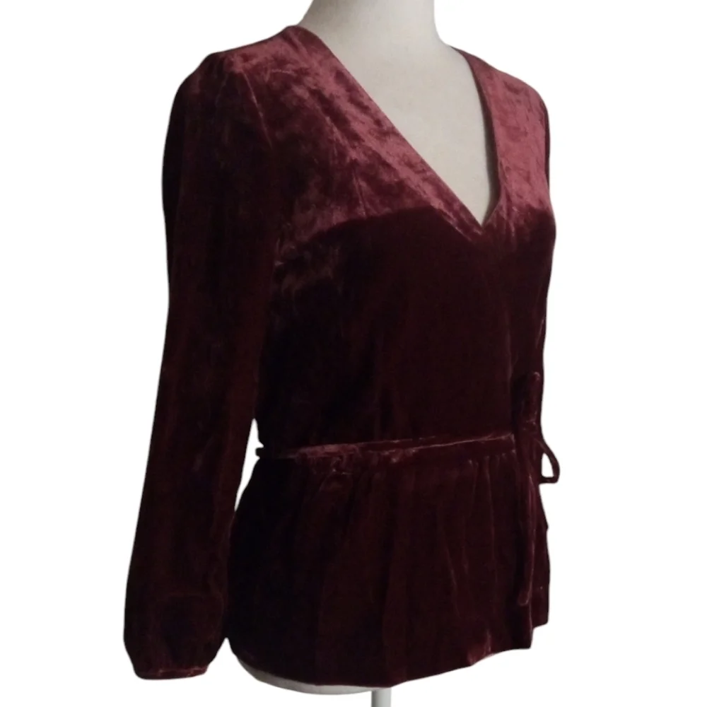 J. Crew Beautiful Burgundy Velvet Faux Wrap Blouse Puff Sleeves Size 0